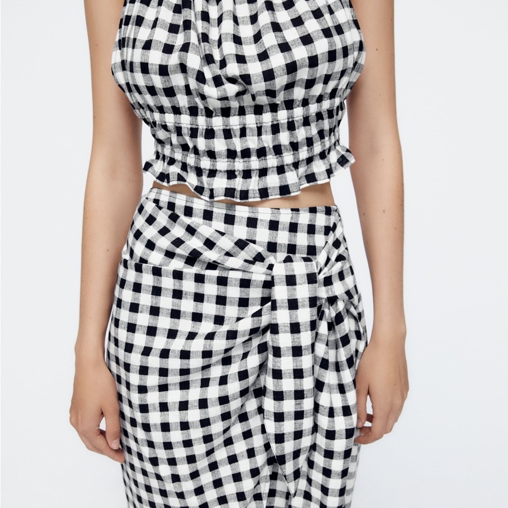 ZARA Gingham Linen Blend Skirt - Picture 5 of 12